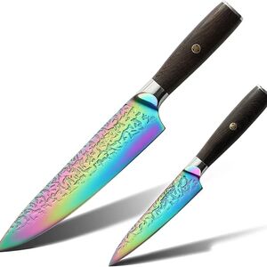Rainbow Titanium Chef Knife Set with Dark Wood Handles